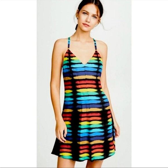 Women Alice + Olivia Rainbow Print Block Tie Dye Strappy Mini Dress 4 - Picture 1 of 10